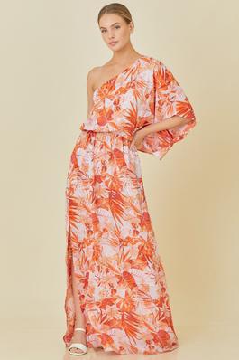 One Shoulder Side Slit Tropical Print Dress
