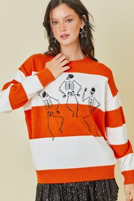Halloween Stripe Sweater With Dancing Skeleton