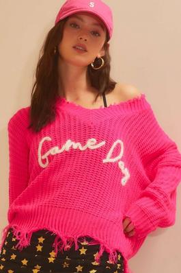 GAME DAY Sparkle Letter Frayed Edge Sweater