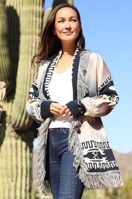 FRINGE AZTEC CARDIGAN SWEATER WITH POCKETS