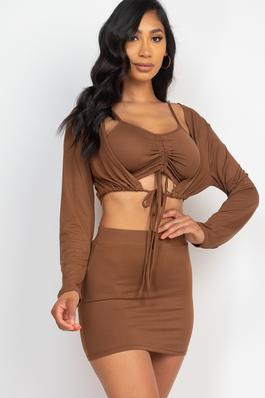 Ruched Drawstring Cami Top Skirt Set with Cardigan