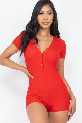Ribbed Button Trim Short Sleeve Romper