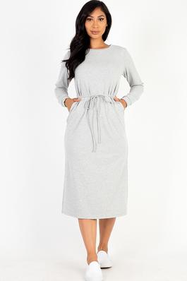 French Terry Long Sleeve Tie Front Midi Dress