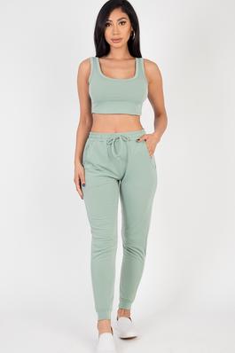 French Terry Cropped Tank Top Joggers Set