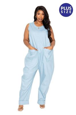 DENIM RELAXED FIT SLEEVELESS JUMPSUIT