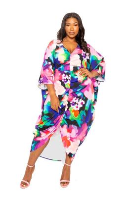 PRINTED RUCHED KAFTAN DRESS WITH INSIDE WAIST TIE