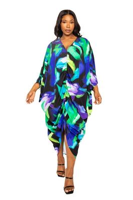PRINTED RUCHED KAFTAN DRESS WITH INSIDE WAIST TIE