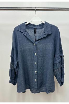 LINEN LACE DETAIL PUFF SLEEVE BUTTON DOWN SHIRTS