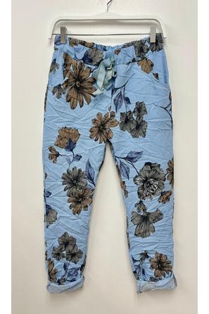 BLUE AND BROWN FLORAL CRINKLE JOGGERS