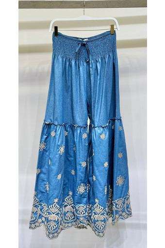 SMOKED WAIST WIDE LEG PANTS W/FLORAL EMBROIDERY
