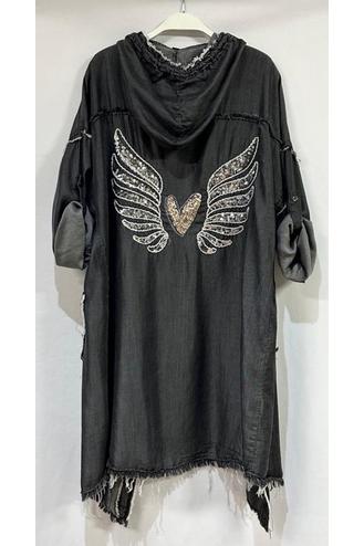 SEQUIN WINGS AND HEART RAW EDGE CARDIGAN HOODIE