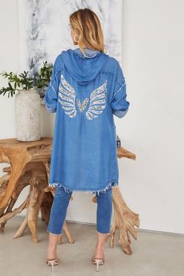 SEQUIN WINGS AND HEART RAW EDGE CARDIGAN HOODIE