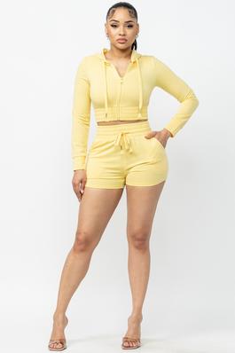 HOODED CROP TOP AND SHORTS SET