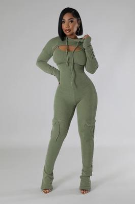 POCKET DETAIL JUMPSUIT WITH HOODED TOP SET