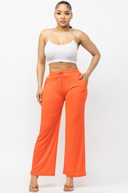 STRETCHY RIBBED WIDE LEG PANTS WITH POCKET