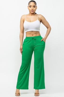 STRETCHY RIBBED WIDE LEG PANTS WITH POCKET