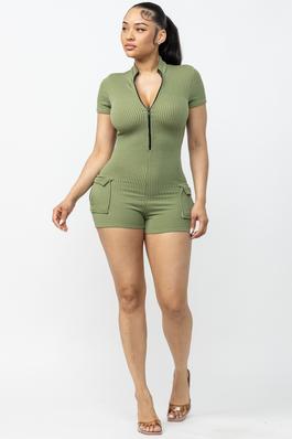 ZIPPER FRONT ROMPER WITH POCKET