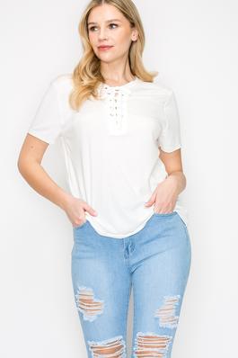 WOMEN SIMPLE SHORT SLEEVE TOP WITH LACE UP
