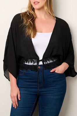 3/4 SLEEVE LACE DETAILED OPEN FRONT CARDIGAN