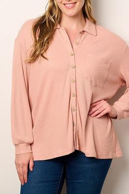 LONG SLEEVE BUTTON UP FRONT POCKETS RIBBED BLOUSE TOP