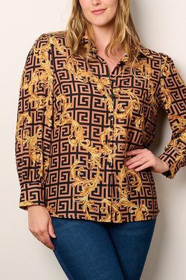LONG SLEEVE BUTTON UP MULTI PRINT BLOUSE TOP