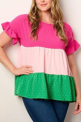 SHORT SLEEVE TIERED COLORBLOCK TUNIC SWISS TOP