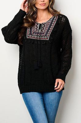 LONG SLEEVE EMBROIDERY NECK DETAILED BLOUSE TOP