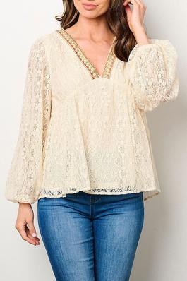 LONG SLEEVE V-NECK EMBROIDERY NECK DETAILED BLOUSE TOP