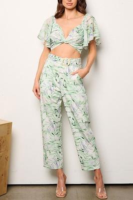 CROP TOP BELTED POCKETS PANTS LEAG PRINT 2PC. SET