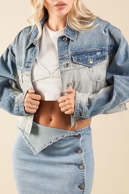 LONG SLEEVES POCKETS BUTTON UP COLORBLOCK DENIM JACKET