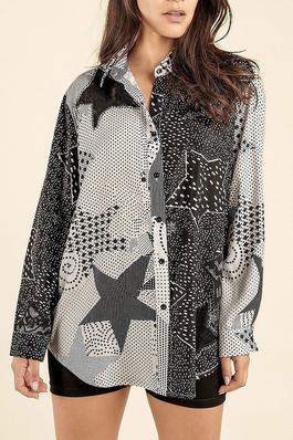 LONG SLEEVE BUTTON UP STUDS COLLAR PRINTED BLOUSE TOP