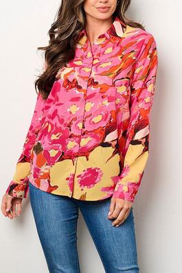 LONG SLEEVE BUTTON UP FLORAL PRINT BLOUSE TOP