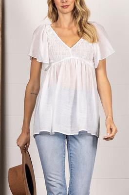 RUCHED V-NECK BUTTERFLY SHORT SLEEVES TOP