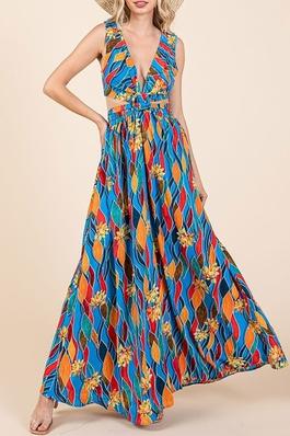 PRINT DEEP V NECK SLEEVELESS MAXI DRESS WITH SIDE COUTOUTS AND O-RING DETAIL
