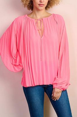 LONG PUFF SLEEVE V-NECK PLEATED BLOUSE TOP