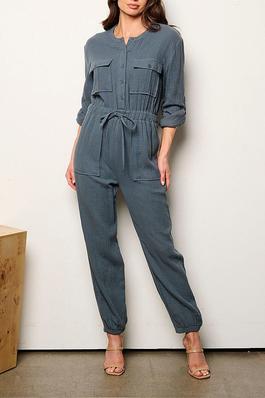 LONG SLEEVE BUTTON UP SELF TIE JOGGER JUMPSUIT