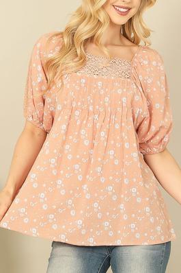 LACE SQUARE NECK PUFF SLEEVE FLORAL TOP