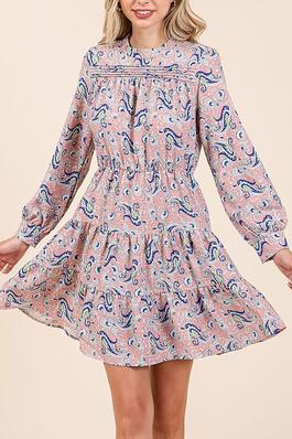 PAISLEY ROUND NECK MINI DRESS WITH LONG CUFFED SLEEVES