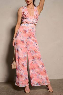 SLEEVELESS CUT OUT BACK LACE UP FLORAL WIDE LEG JUMPSUIT