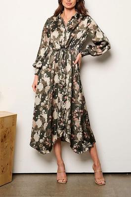LONG SLEEVE SELF TIE FLORAL BUTTON UP MIDI DRESS