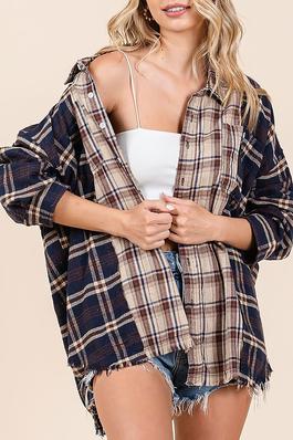 MULTI PATTERNED PLAID COLOR BLOCK OVERSIZED SHIRT WITH RAW HEM DETAIL