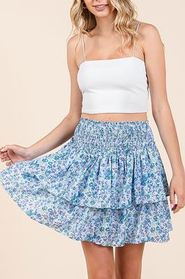 FLORAL SMOCKED ELASTIC WASITBAND TIERED MINI SKIRT