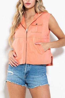 SLEEVELESS ZIP UP FRONT POCKETS HOODED VEST