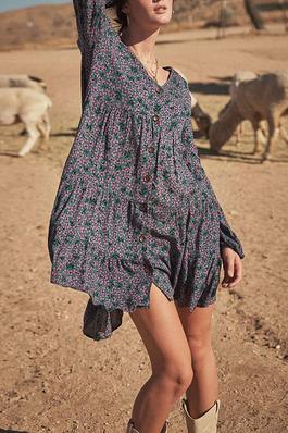 LONG SLEEVE V-NECK BUTTON UP TIERED TUNIC FLORAL PRINT MINI DRESS