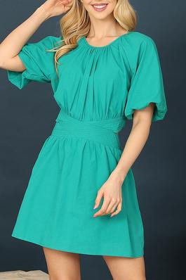PUFF SLEEVES BACK RIBBON CUT-OUT WAIST SOLID DRESS