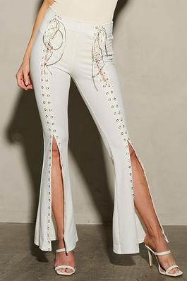 BUTTON CLOSURE LACE UP DETAILED BELL PANTS