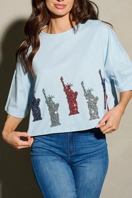 SHORT SLEEVE SEQUINS LADY LIBERTY PATRIOTIC TUNIC BLOUSE TOP