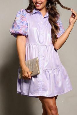 SHORT DETAILED SLEEVE BUTTON UP TIERED SHIMMER MINI DRESS