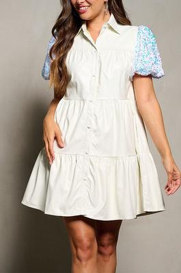 SHORT SEQUINS SLEEVE BUTTON UP TIERED PU PLEATHER MINI DRESS