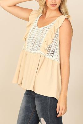 RUFFLE SLEEVELESS LACE FRONT DETAIL PLEATED WAIST TOP